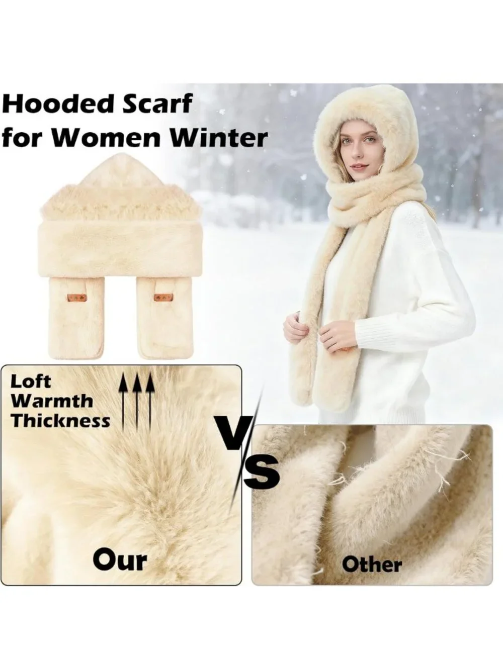 Cozy 3-in-1 Hooded Scarf Set for Women | Thick Faux Fur Winter Hat, Scarf